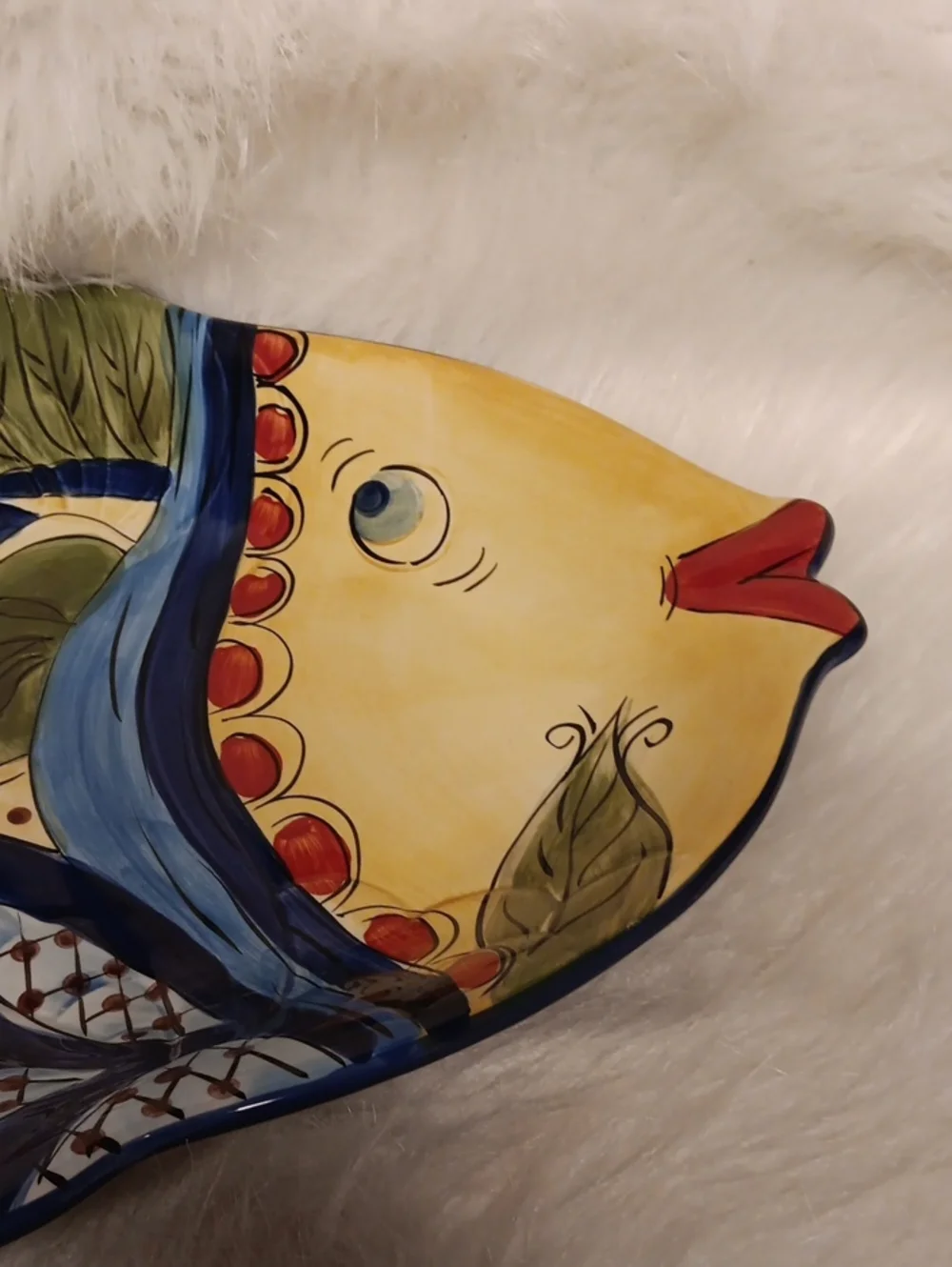 Hand-Painted Fish Ceramic Platter in Yellow, Blue & Red